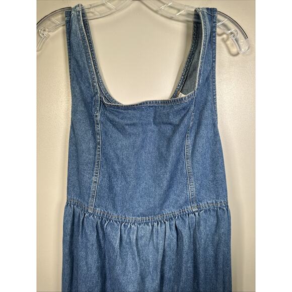 VTG Avocado Denim Dress 12 Tie Back Waist Blue‎ 90s Y2K Cottagecore Square Neck - Picture 6 of 7